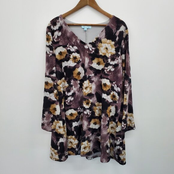 Womens L Boho Floral Mini Dress Long Sleeve Purple Yellow V-Neck Tunic Lined - Picture 3 of 15